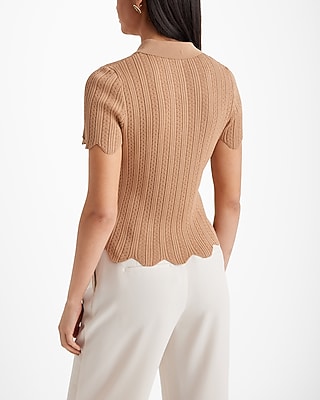 Ribbed Scalloped Novelty Button Short Sleeve Polo Sweater | Express