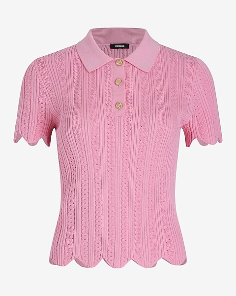 Ribbed Scalloped Novelty Button Short Sleeve Polo Sweater Ribbed Scalloped Novelty Button Short Sleeve Polo Sweater