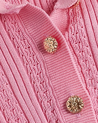 Ribbed Scalloped Novelty Button Short Sleeve Polo Sweater