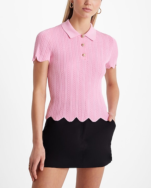 Ribbed Scalloped Novelty Button Short Sleeve Polo Sweater Ribbed Scalloped Novelty Button Short Sleeve Polo Sweater