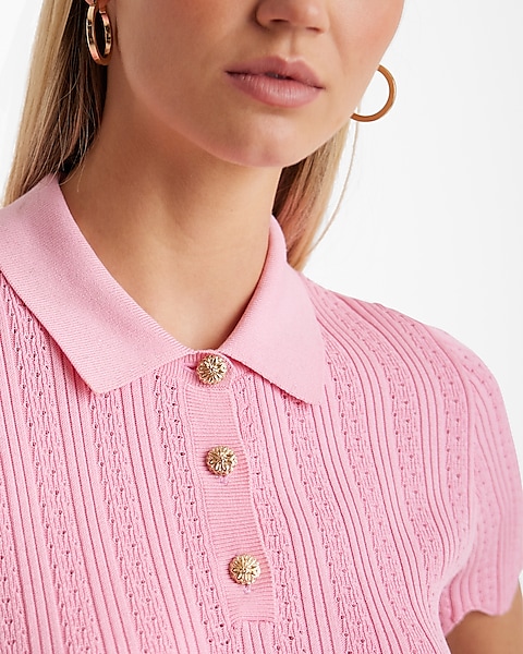 Ribbed Scalloped Novelty Button Short Sleeve Polo Sweater Ribbed Scalloped Novelty Button Short Sleeve Polo Sweater