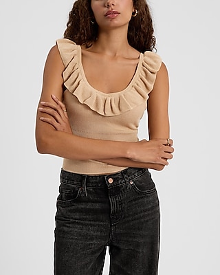 Sheer V-Neck Ruffle Sweater Tank