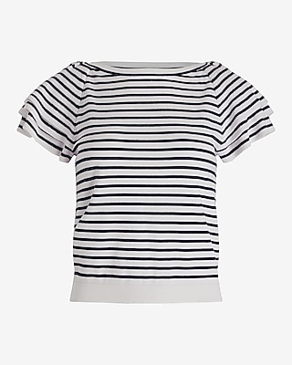 Striped Crew Neck Short Ruffle Sleeve Sweater - image 5