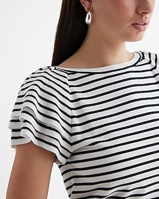 Striped Crew Neck Short Ruffle Sleeve Sweater - image 2