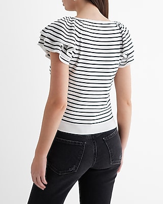 Striped Crew Neck Short Ruffle Sleeve Sweater - image 3