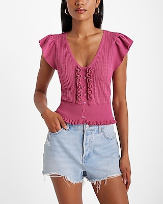 V-Neck Flutter Sleeve Pointelle Ruffle Sweater