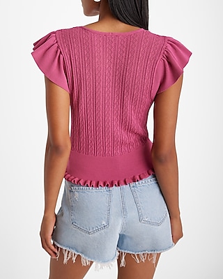 V-Neck Flutter Sleeve Pointelle Ruffle Sweater