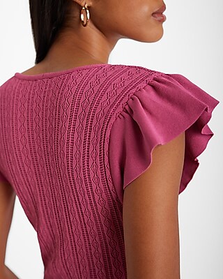 V-Neck Flutter Sleeve Pointelle Ruffle Sweater