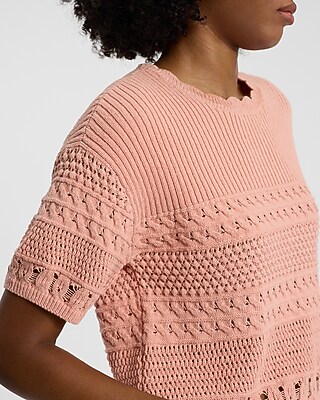 Crochet Crew Neck Short Sleeve Sweater Tee - image 2