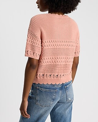 Crochet Crew Neck Short Sleeve Sweater Tee - image 3