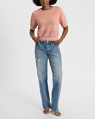 Crochet Crew Neck Short Sleeve Sweater Tee - image 4