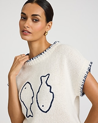 Stitched Trim Fish Crew Neck Short Sleeve Sweater - image 2