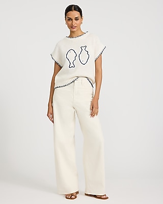 Stitched Trim Fish Crew Neck Short Sleeve Sweater - image 4