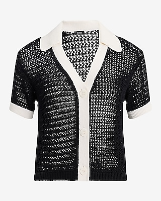 Tipped Crochet Short Sleeve Polo Cardigan