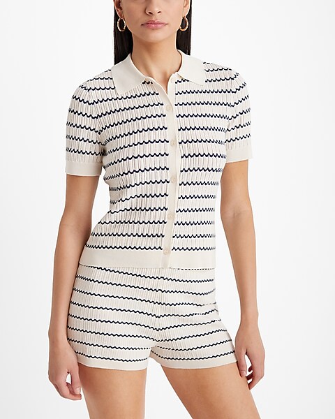 Ribbed Striped Short Sleeve Polo Cardigan | Express