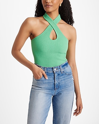 Ribbed Fitted Halter Cutout Sweater Tank