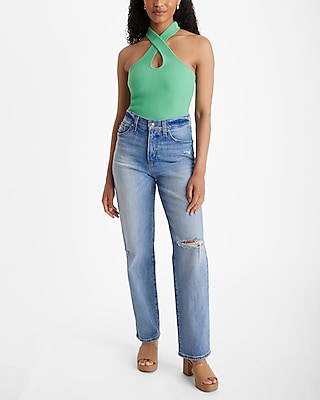 Ribbed Fitted Halter Cutout Sweater Tank