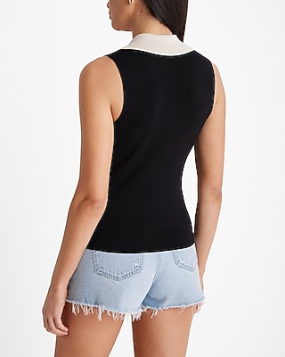 Silky Soft Fitted Tipped V-Neck Polo Sweater Tank