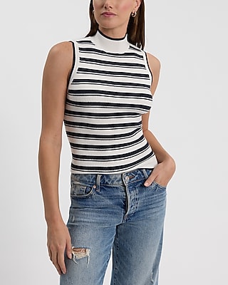 Fitted Ribbed Striped Mock Neck Sweater Tank