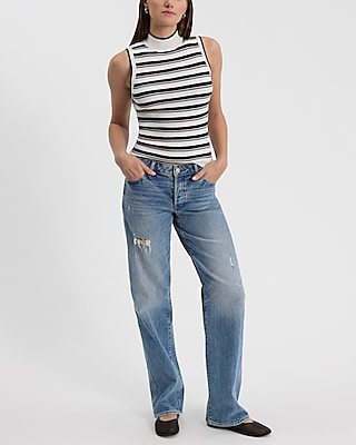 Fitted Ribbed Striped Mock Neck Sweater Tank