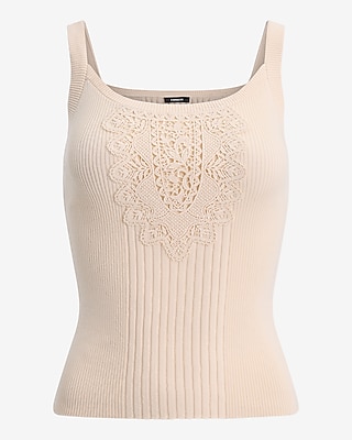 Lace Pieced Fitted Ribbed Scoop Neck Sweater Tank