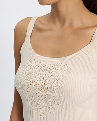 Lace Pieced Fitted Ribbed Scoop Neck Sweater Tank