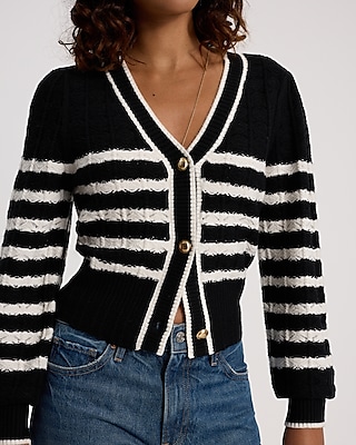 Striped V-Neck Novelty Button Cardigan