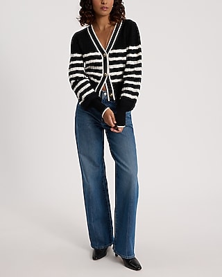 Striped V-Neck Novelty Button Cardigan