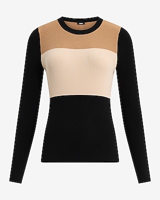 Fitted Ribbed Color Block Crew Neck Sweater