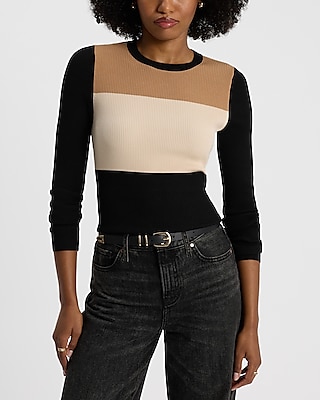 Fitted Ribbed Color Block Crew Neck Sweater