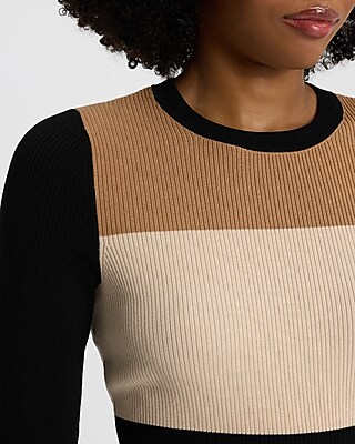 Fitted Ribbed Color Block Crew Neck Sweater