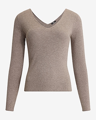 Fitted Ribbed Long Sleeve Double V-Neck Sweater