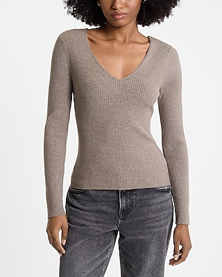 Fitted Ribbed Long Sleeve Double V-Neck Sweater