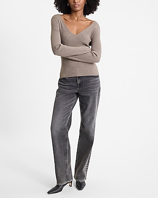 Fitted Ribbed Long Sleeve Double V-Neck Sweater