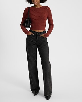 Open Stitch Crew Neck Cropped Sweater