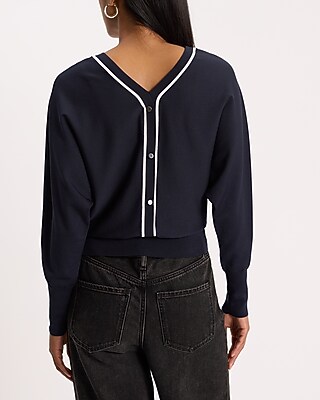 Reversible Tipped V-Neck Gold Button SoHo Sweater - image 5