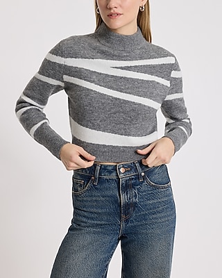 Asymmetrical Striped Mock Neck Cropped Sweater