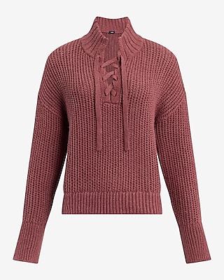 Easy Stitched Lace Up Mock Neck Sweater