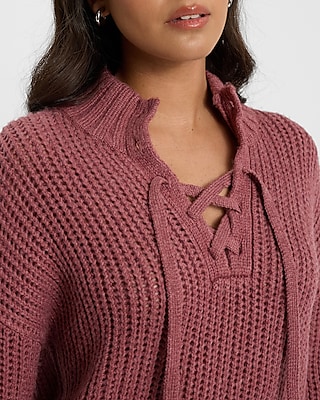 Easy Stitched Lace Up Mock Neck Sweater