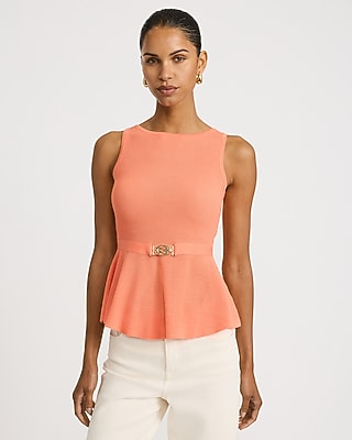 Ribbed Crew Neck Belted Peplum Sweater Tank