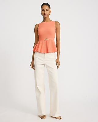 Ribbed Crew Neck Belted Peplum Sweater Tank