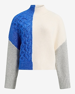 Color Blocked Cable Knit Pieced Mock Neck Relaxed Sweater