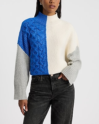 Color Blocked Cable Knit Pieced Mock Neck Relaxed Sweater