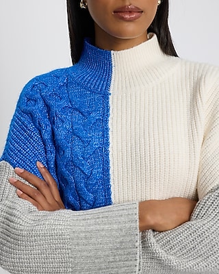 Color Blocked Cable Knit Pieced Mock Neck Relaxed Sweater