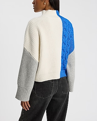 Color Blocked Cable Knit Pieced Mock Neck Relaxed Sweater