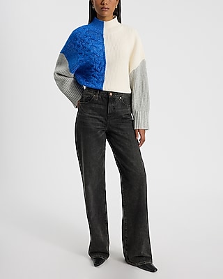 Color Blocked Cable Knit Pieced Mock Neck Relaxed Sweater