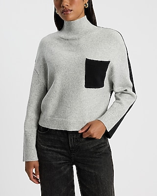 Color Block Pocket Mock Neck Sweater