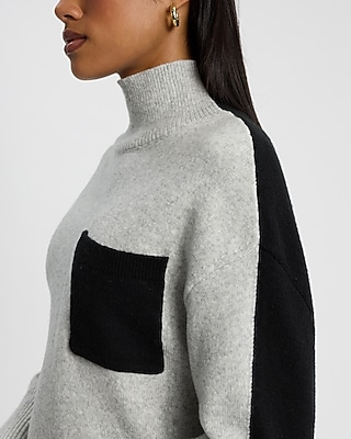 Color Block Pocket Mock Neck Sweater