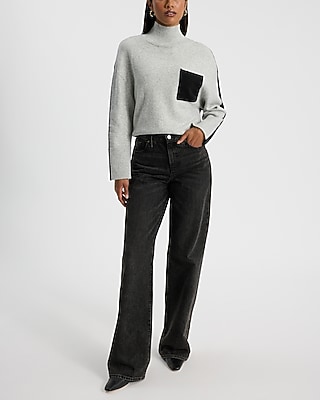 Color Block Pocket Mock Neck Sweater