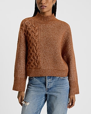 Relaxed Mock Neck Cable Knit Sweater